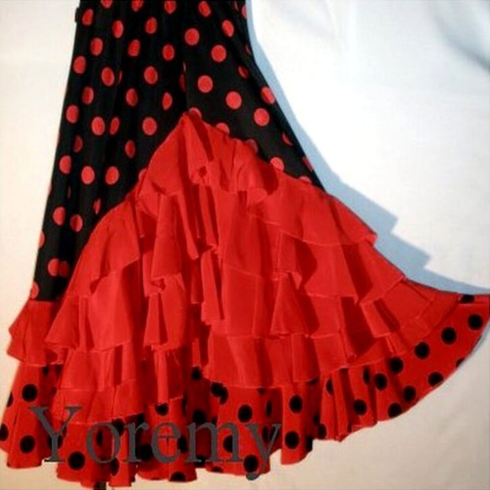 Jupe volants cascades rouge unis Corps noir à pois rouges